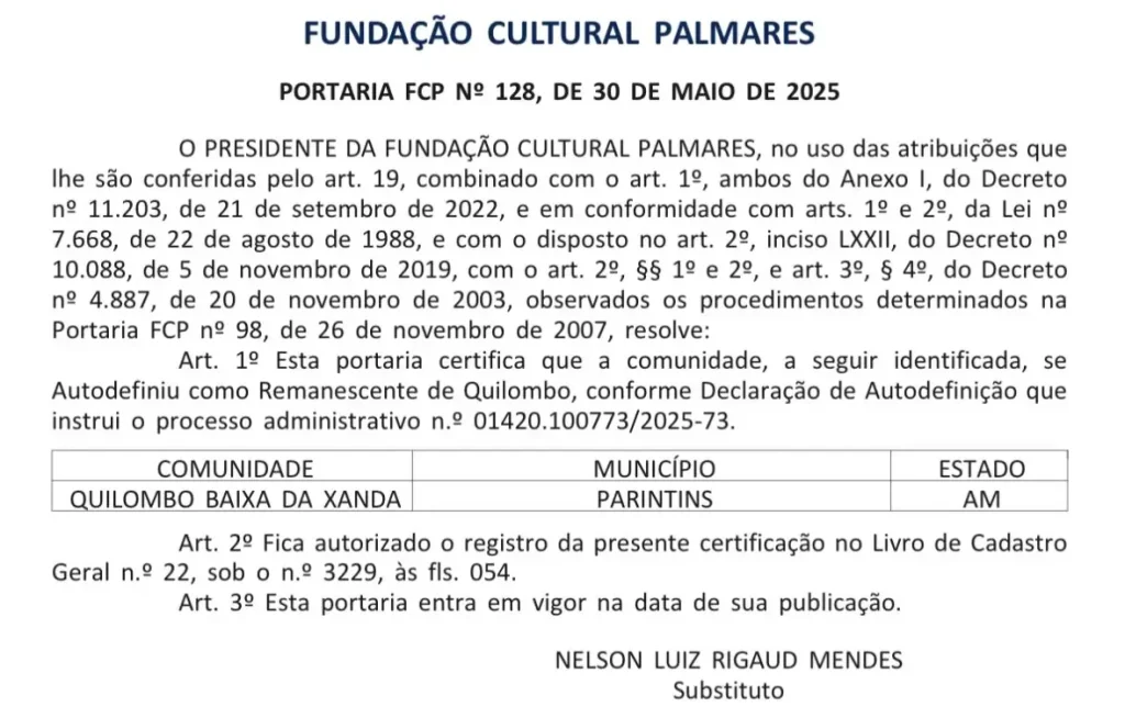 Fundação Palmares reconhece Baixa da Xanda como primeiro quilombo de Parintins 1 A Baixa e Quilombo Fundacao Palmares reconhece Baixa da Xanda como o primeiro quilombo de Parintins 2