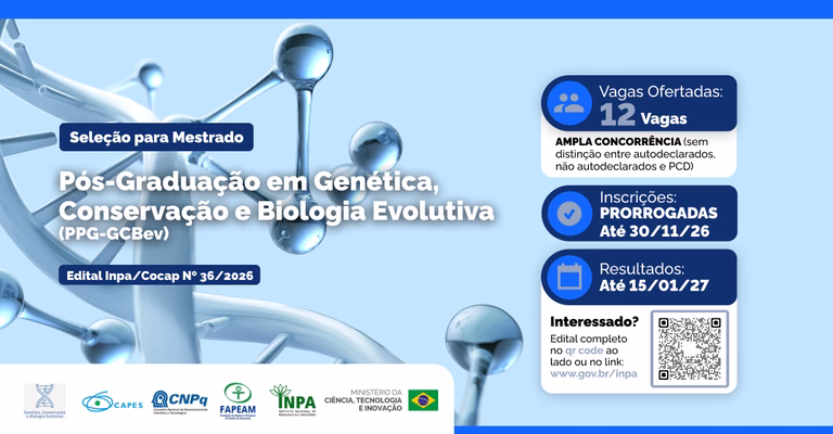 Inpa prorroga inscrições para mestrado em Genética, Conservação e Biologia Evolutiva Inpa prorroga inscrições para mestrado em Genética, Conservação e Biologia Evolutiva