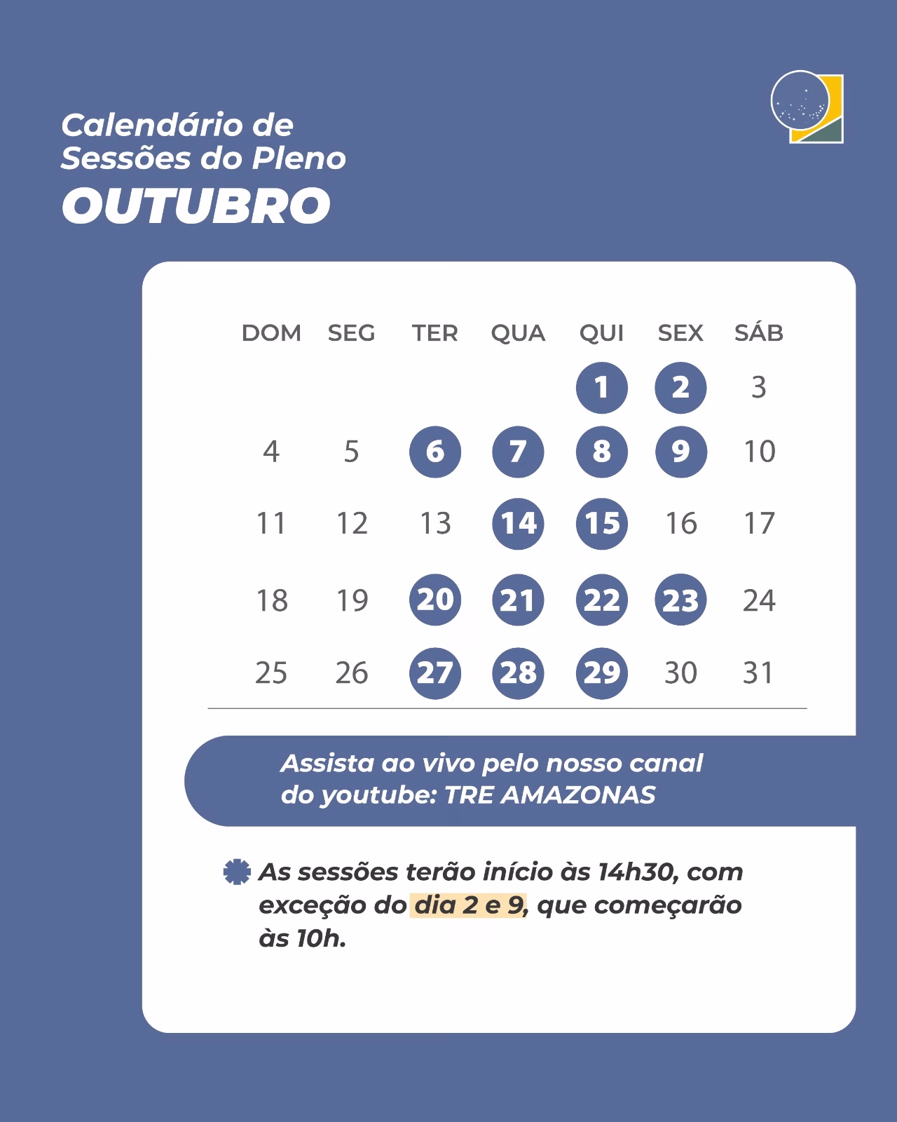 Sessões do Pleno do TRE-AM em outubro: confira o calendário e os horários